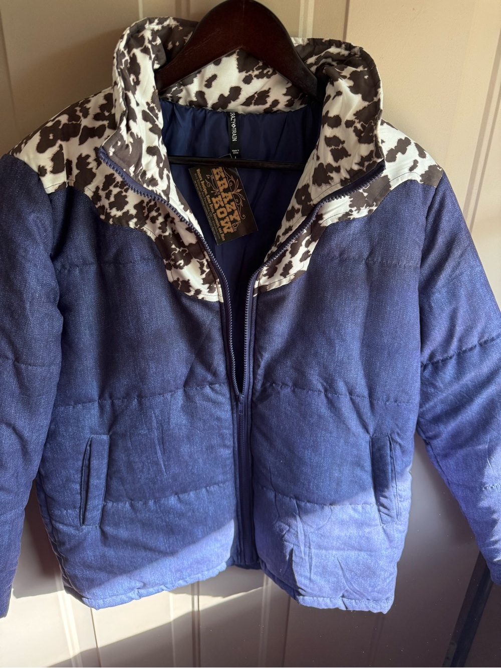 Crazy Train Blue Ombre Puffer Jacket with Brown-and-White Print Collar